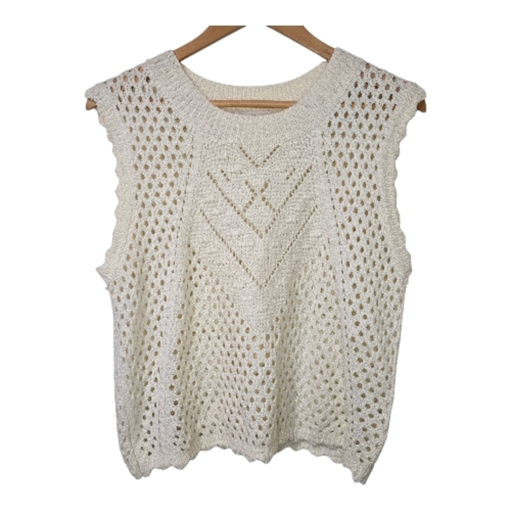 Allie Rose Crochet Open-Knit Sleeveless Sweater Vest Ivory Large Boho Cottage